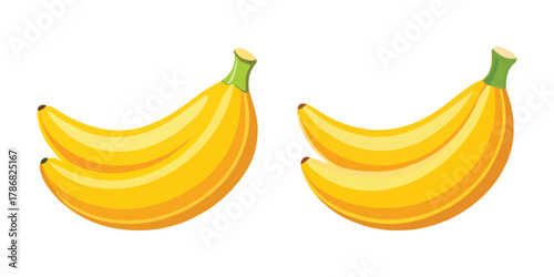 Two bunches of bright yellow bananas with green stems on white background fruit