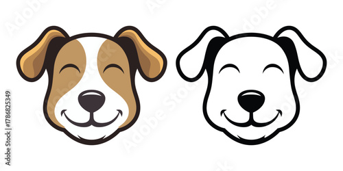 Two cartoon dog faces one colored brown and white one black outline puppy animal