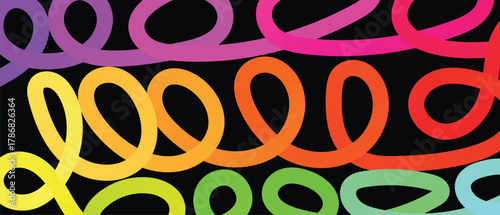 Multiple colorful curved shapes interlock against black, displaying vibrant gradients and bold, dynamic movement