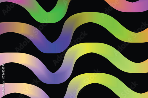 Wavy gradient bands flow gracefully across the stark black backdrop, creating an abstract pattern