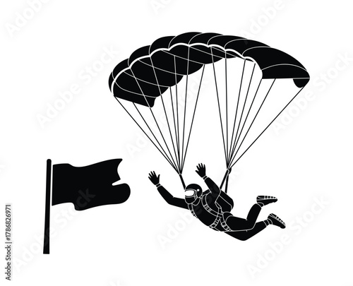 Silhouette of a skydiver descending towards a flag parachute descent.
