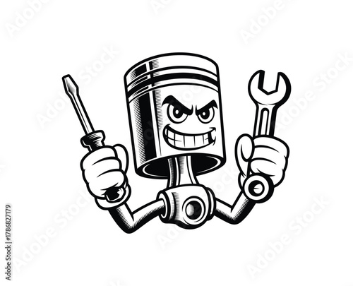 Cartoon piston character holding tools engine mechanical.