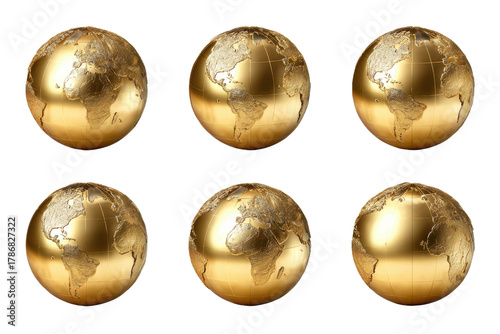 Six golden globes of Earth with continents and oceans on black background world planet, Png, Isolated on Transparent Background, Cut Out