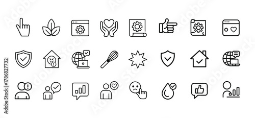 Set of hand pointing leaf gear hands blueprint thumb up shield house globe whisk star drop business vector.
