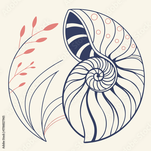Stylized Nautiloid Shell and Seaweed Vector Illustration