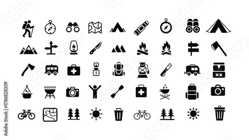 Set of outdoor adventure and camping equipment icons backpacker, compass, binoculars, map, mountain, tent, lantern, knife, campfire, axe.