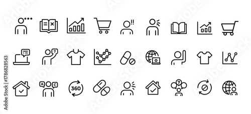 Set of user feedback graph shopping cart book person talking chart pills globe laptop person t shirt house people conversation cycle.