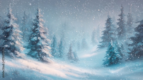 Business growth and development concept showing a serene snowy forest landscape with tall pine trees during a gentle winter snowfall.