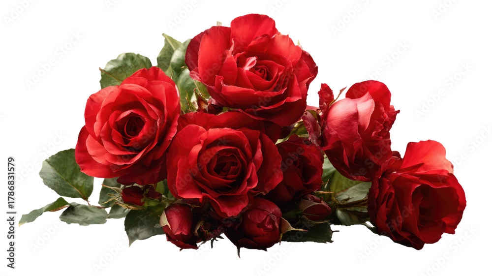 Fototapeta premium Bunch of red roses with vibrant petals and natural elegance isolated on white background for floral photography and decoration