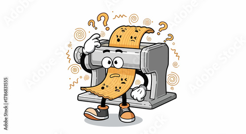 Cartoon pasta machine with a confused expression and question marks above its head.