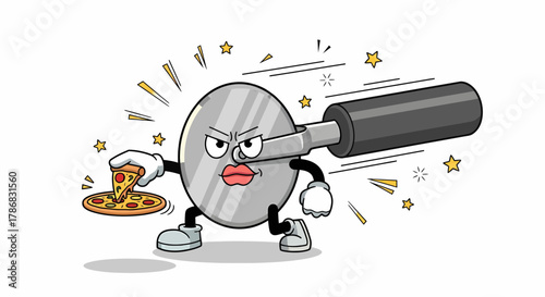 Cartoon Pizza Cutter Character Holding a Slice of Pizza.