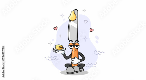 Cute butter knife cartoon character mascot holding a plate of butter.