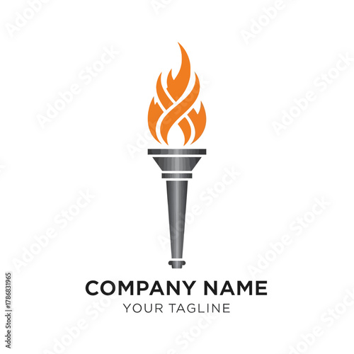 Modern torch logo with a stylized orange flame and metallic grey handle, isolated on a white background.