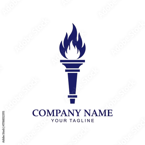Stylized dark blue torch logo with flame and placeholder text for company name and tagline on a white background.