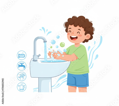 A cheerful cartoon boy washing his hands with soap and water to maintain good hygiene and prevent germs
