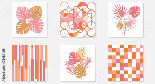 Collection of vibrant tropical leaves and geometric patterns in shades of pink and orange for design projects