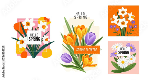 Floral Spring Collection Vibrant Illustrations of Daffodils, Crocuses, and Daisies, Announcing Spring