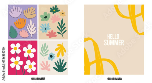 Colorful Floral Summer Illustrations Bright Flowers and Artistic Leaf Designs for a Cheerful Vibe