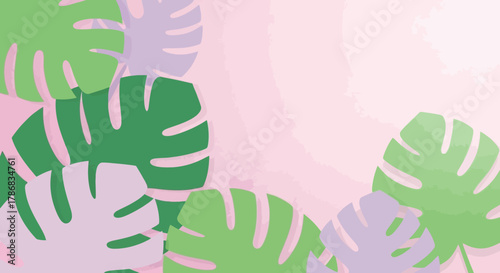 Abstract botanical illustration featuring Monstera leaves in shades of pink, green, and lavender