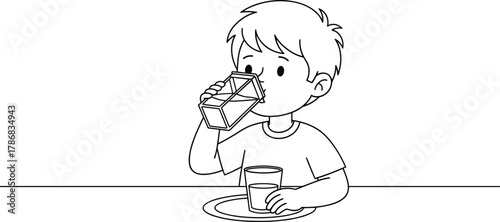 Child drinking juice box, sitting at table, short hair, casual shirt, everyday activity, indoor scene, healthy habit, minimal background, clean line art, black and white illustration