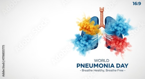 World Pneumonia Day Illustration with Colorful Human Lungs Made of Blue, Red, and Yellow Smoke Representing Breathing Health, Respiratory Care, and Global Awareness Concept on Clean White Background