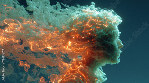 A human figure slowly dissolves into swirling neon smoke, symbolizing transformation, identity shift, fading boundaries, and the fusion of physical presence with vibrant ethereal energy.
