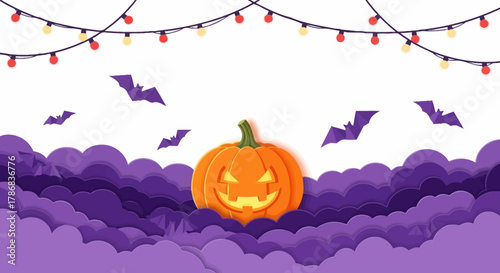 Halloween Night Spooky Pumpkin, Bats, and Festive Lights