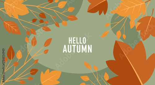 Autumnal Leaves Background Illustration with Warm Colors and 'Hello Autumn' Text