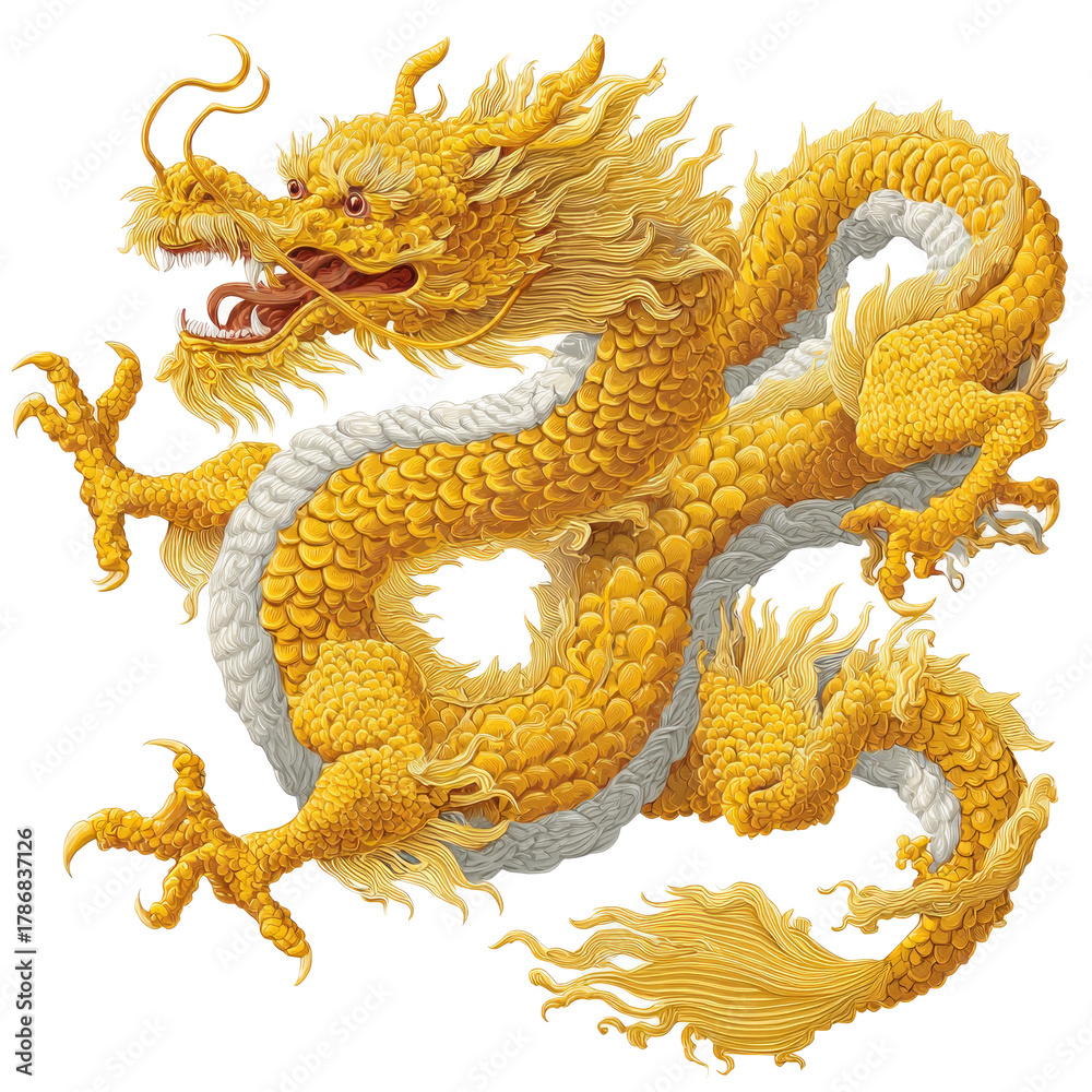 Fototapeta premium Detailed Golden Chinese Dragon Illustration with Scales and Long Body