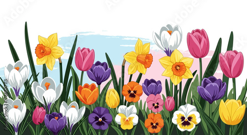 Spring Flowers in Bloom Colorful Garden Illustration with Tulips, Daffodils, and Crocuses