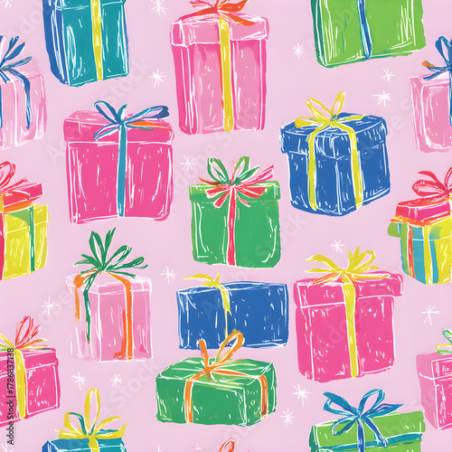 Colorful Christmas Presents on Soft Blue Background with Star Accents