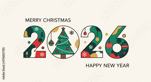 Festive 2026 Holiday Season Greeting Design with Christmas Tree and Decorative Elements