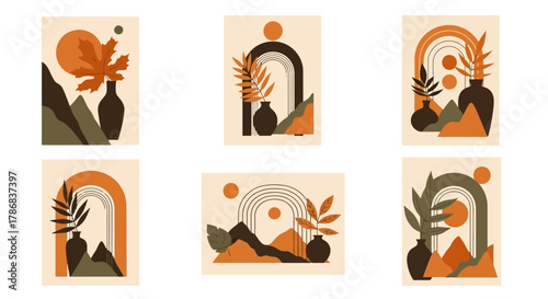 Boho Geometric Landscape Art Prints Aesthetic Wall Decor with Plants and Abstract Shapes