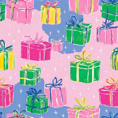 Colorful Christmas Presents on Soft Blue Background with Star Accents