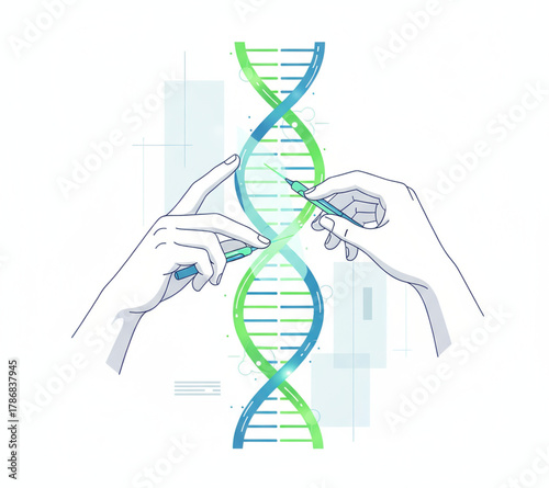 DNA Manipulation Hands Interacting with a Genetic Helix, Scientific Concept Illustration