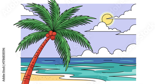 Tropical Palm Tree Beach Illustration with Ocean View, Sun, Clouds and Sand, a Perfect Vacation Getaway