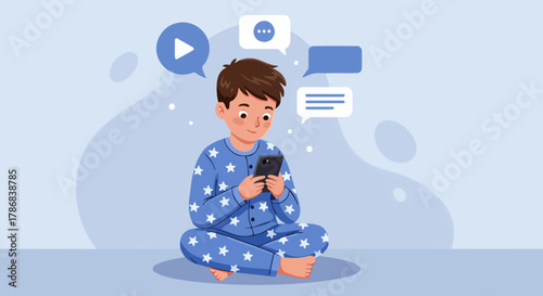 Young boy in pajamas happily using a smartphone for entertainment and communication, surrounded by digital icons and speech bubbles.
