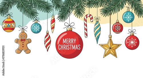 Festive Christmas Ornament Display Colorful Holiday Decorations and Evergreen Branches