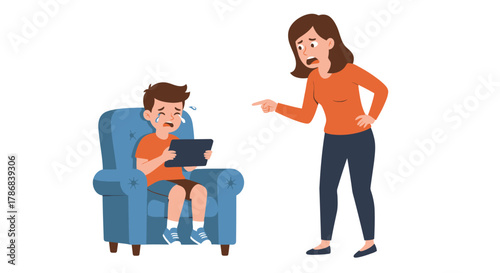 A frustrated mother scolds her crying son who is holding a tablet, illustrating a common parenting challenge and digital device conflict.