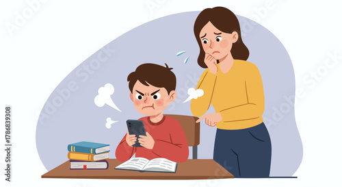 A frustrated boy engrossed in his phone, ignoring his studies, with his concerned mother looking on, illustrating the challenges of digital distraction and parental guidance.