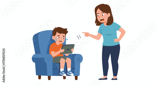 A worried mother scolds her upset son who is sitting in an armchair and holding a phone, illustrating a common family conflict with a vector style.