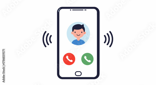 A vector illustration of a smartphone displaying an incoming call with a smiling cartoon avatar, featuring call accept and reject buttons, perfect for communication concepts.