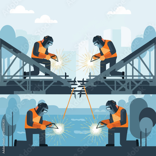 A vector illustration depicts two pairs of construction workers welding metal beams on a bridge, with a stylized urban background and water below, creating a symmetrical composition.