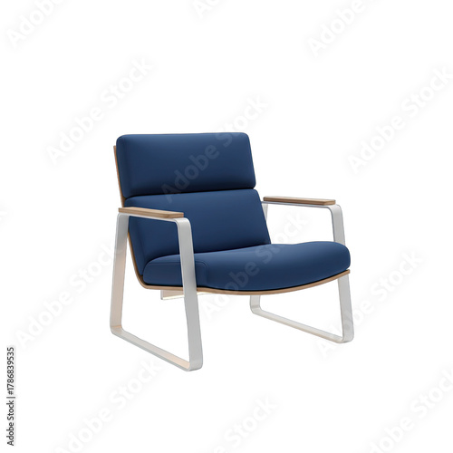 Modern blue upholstered armchair with natural wood armrest accents and a sleek metallic frame isolated on a transparent background with studio lighting