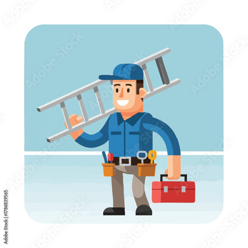 Cartoon illustration of a smiling handyman in uniform carrying a ladder and a toolbox, ready to tackle any repair or maintenance project with expertise.