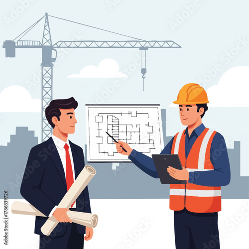 An architect and a businessman collaborate on a construction project, reviewing blueprints with a crane in the background, discussing the building's design.