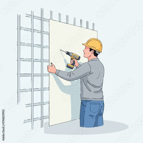 A construction worker uses a drill to install a drywall panel onto a metal frame, illustrating building and renovation work.