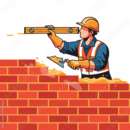 A construction worker meticulously uses a level and trowel to build a brick wall, ensuring precision and structural integrity in the process.