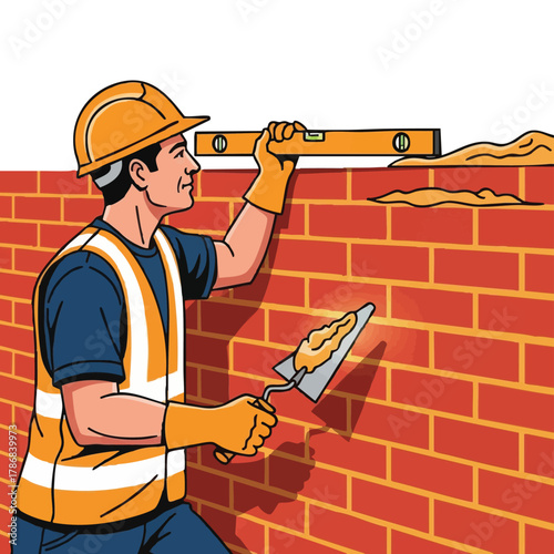 A construction worker meticulously checks the brickwork with a level, ensuring precision and quality during the building process on a sunny day.