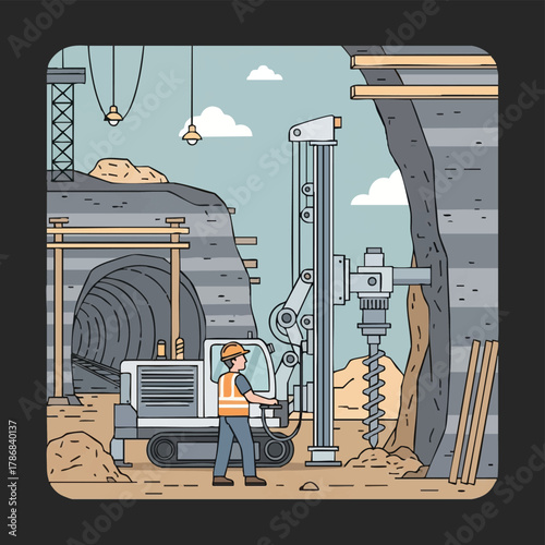 An illustration captures a construction worker operating a drilling machine within a tunnel, showcasing engineering and infrastructure development.